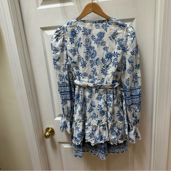 HEMANT & NANDITA V Neck Floral Print Mini Dress Blue White m medium flare tie - Picture 8 of 10